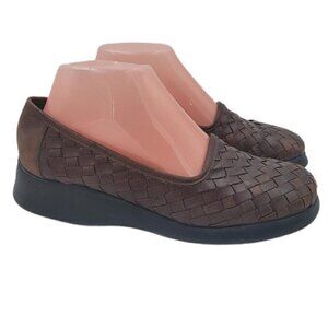 Trotters Viva Women's Brown Woven Leather Shoes Slip On Wedge Loafers Size 37 EU